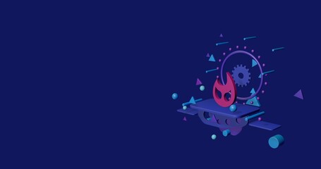 Poster - Pink fire symbol on a pedestal of abstract geometric shapes floating in the air. Abstract concept art with flying shapes on the right. 3d illustration on indigo background