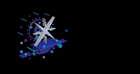 Poster - White star symbol on a pedestal of abstract geometric shapes floating in the air. Abstract concept art with flying shapes on the left. 3d illustration on black background