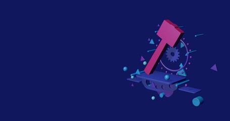 Poster - Pink mallet symbol on a pedestal of abstract geometric shapes floating in the air. Abstract concept art with flying shapes on the right. 3d illustration on indigo background