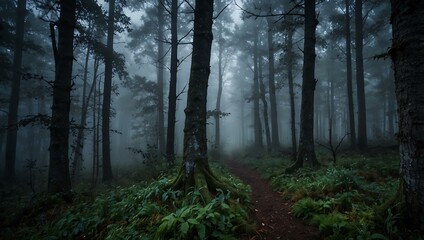  Enchanted, mystical foggy twilight scene in the forest.