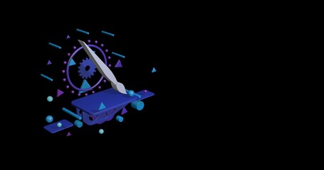 Poster - White artistic brush symbol on a pedestal of abstract geometric shapes floating in the air. Abstract concept art with flying shapes on the left. 3d illustration on black background