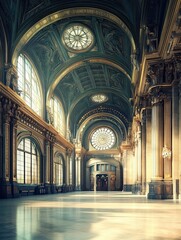 Wall Mural - Ornate hallway with arched windows and stained glass.