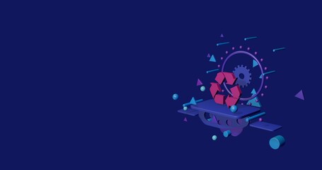 Poster - Pink recycling symbol on a pedestal of abstract geometric shapes floating in the air. Abstract concept art with flying shapes on the right. 3d illustration on indigo background