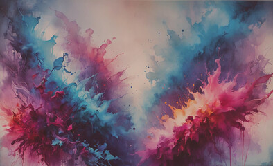 Poster - Painting of two colors with a splash of pink. The colors are blue and purple. The painting is on a white background