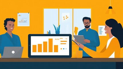 Poster - a professional setting showcasing a financial analyst explaining a bar chart on a tablet, with colle