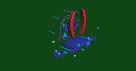 Poster - Red brackets symbol on a pedestal of abstract geometric shapes floating in the air. Abstract concept art with flying shapes in the center. 3d illustration on green background