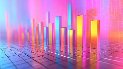 Poster - A reflective 3D bar graph with vibrant colors and soft shadows, depicting financial growth statistics, floating above a grid-patterned digital surface.