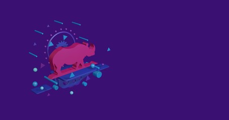 Poster - Pink wild rhino symbol on a pedestal of abstract geometric shapes floating in the air. Abstract concept art with flying shapes on the left. 3d illustration on deep purple background