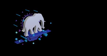 Poster - White elephant on a pedestal of abstract geometric shapes floating in the air. Abstract concept art with flying shapes on the left. 3d illustration on black background