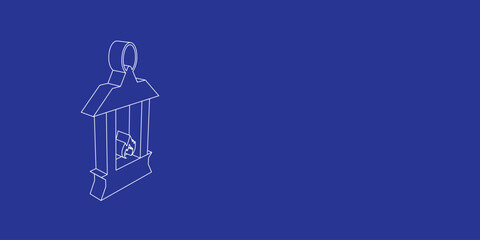 Poster - The outline of a large Christmas lantern made of white lines on the left. 3D view of the object in perspective. Vector illustration on indigo background