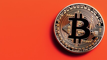 Wall Mural - Bitcoin all time high, A shiny Bitcoin on a vibrant orange background, symbolizing cryptocurrency and digital finance.