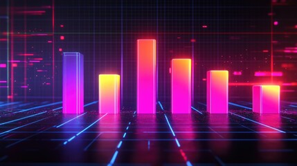 Poster - A sleek 3D bar graph with gradient-colored bars and glowing effects, representing positive financial growth, displayed against a dark digital grid.