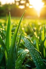 Poster - Sunlight filters through dewy aloe vera leaves in a tranquil garden at sunrise