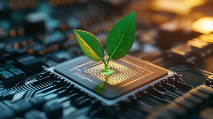 Wall Mural - A close-up view of a green plant sprouting from a microchip, symbolizing the fusion of technology and nature, showcasing innovation and sustainability.