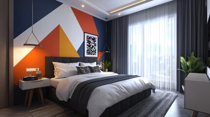 A beautifully painted accent wall in a bedroom, featuring geometric patterns and bold colors for a modern look