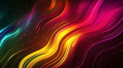Poster - Abstract tech background in the form of colorful waves, consisting of a large number of digital connection lines. Bright neon and vibrating networks and neural connections