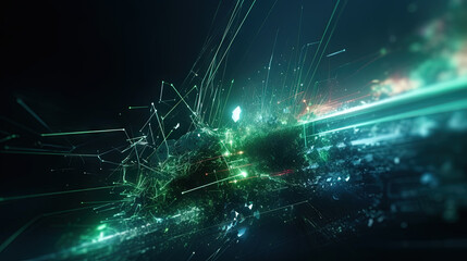 Poster - Abstract light streaks in a dynamic digital space with glowing green elements