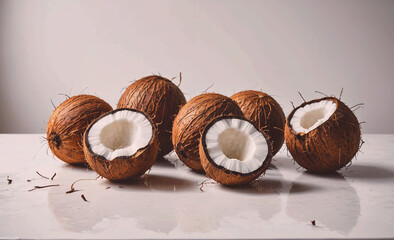 Aufkleber - Bunch of coconuts with one of them cut open. The coconuts are all different sizes and are arranged in a row