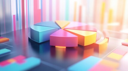 Poster - A vibrant 3D pie chart with floating colorful segments, each representing different data points, set against a clean, futuristic background with soft shadows.
