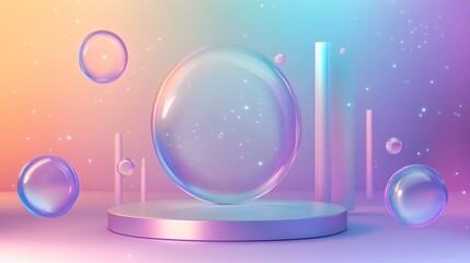 Poster - A transparent podium surrounded by floating holographic shapes and smooth gradients 