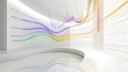 Poster - A vibrant financial line graph with multiple colorful lines rising, depicting market trends, set in a futuristic office environment.