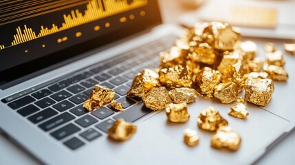 Poster - A vibrant gold chart representing investment growth over the past decade, displayed on a sleek laptop with market analysis notes scattered around, highlighting the importance of financial planning.