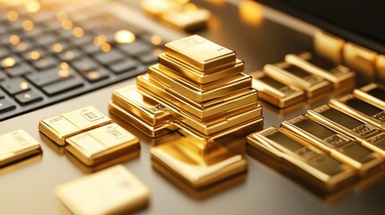 Poster - A vibrant gold chart representing investment growth over the past decade, displayed on a sleek laptop with market analysis notes scattered around, highlighting the importance of financial planning.