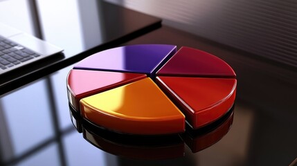 Poster - A vibrant pie chart illustrating the allocation of a diversified investment portfolio, displayed on a sleek laptop in a contemporary office environment, symbolizing strategic financial planning.