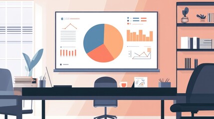Poster - A visually appealing infographic featuring a pie chart alongside key financial statistics and trends, designed for a presentation, placed on a modern conference table with office essentials.