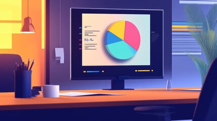 Poster - A visually appealing infographic featuring a pie chart alongside key financial statistics and trends, designed for a presentation, placed on a modern conference table with office essentials.