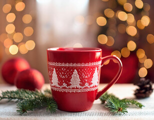 Wall Mural - A festive red mug decorated with white Nordic winter patterns sits among pine branches and Christmas ornaments with golden bokeh lights in the background.