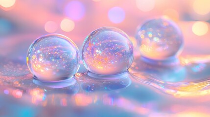 Poster - Three iridescent orbs rest on a pastel surface