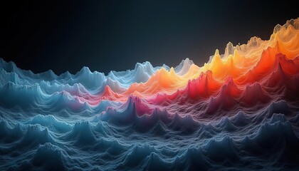 Poster - Abstract colorful wave pattern with textured peaks in a dark background, resembling a rainbow landscape