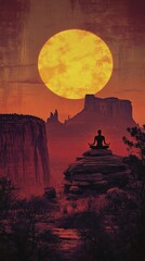 Poster - A serene sunset scene with a meditating figure on rocks beneath a large moon.