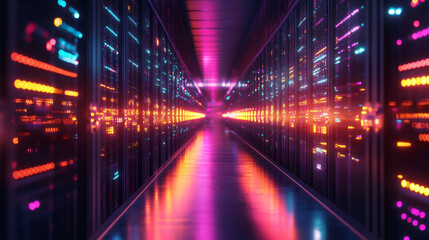 Poster - Modern server racks with blinking colorful lights reflecting on the floor in a data center