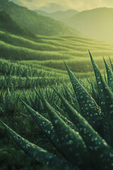 Poster - Fields of aloe vera glistening with dew in a serene landscape at dawn