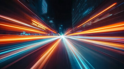 Leinwandbilder - City streets burst with light trails at night, capturing the energy of a bustling metropolis in motion