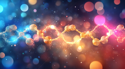 Fototapete - Dna molecule rotating with glowing particles on vibrant blurred background symbolizes scientific progress and genetic exploration