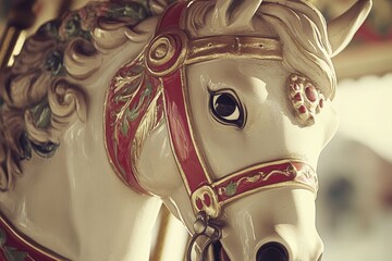 Vintage Carousel at Fair. Detailed Close-up of Classic Merry-Go-Round Horse in Retro Style