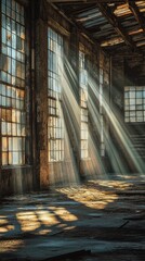 Poster - Sunlight streaming through dusty windows in an abandoned industrial space.