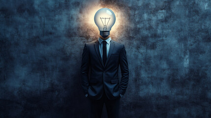 Poster - Businessman with a luminous light bulb as his head, representing creativity, innovation, and ideas in the corporate realm