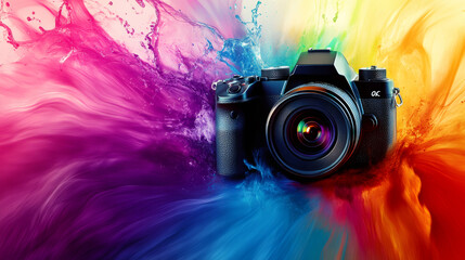 Wall Mural - explosion of vibrant colors and paint surrounds a modern digital camera, creating a visually stunnin