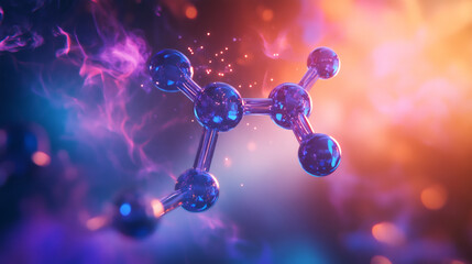 Aufkleber - Glass molecule structure rotating in colorful abstract space with depth of field, concept of chemistry and science