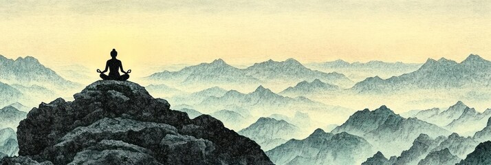 Poster - A serene figure meditating atop a mountain, surrounded by misty, layered peaks.