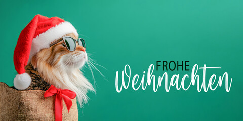 Wall Mural - frohe weihnachten urlaub winter grußkarte mit deutschem text - süße katze mit weihnachtsmannmütze, s
