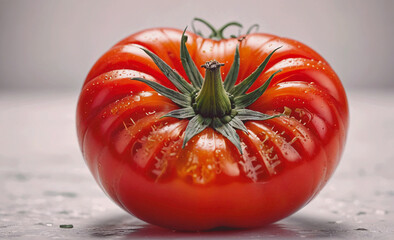 Poster - Large red tomato with a stem on top. The stem is green. The tomato is sitting on a white surface