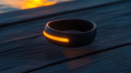 Poster - Illuminated Smart Ring Rests on Dark Wooden Surface