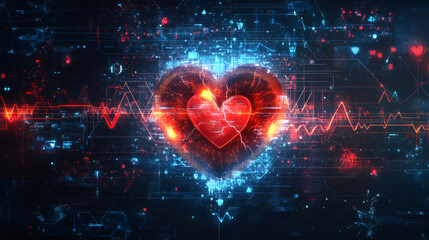 Poster - glowing digital heart pulsating with data stream and futuristic heads-up display, symbolizing health