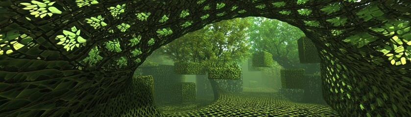 Wall Mural - A surreal, green landscape with intricate foliage and geometric shapes, evoking tranquility.