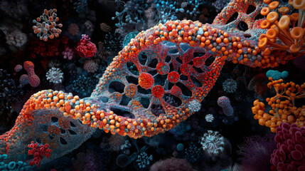 Fototapete - Complex and vibrant double helix structure encircled by a variety of microorganisms, symbolizing the foundation of life
